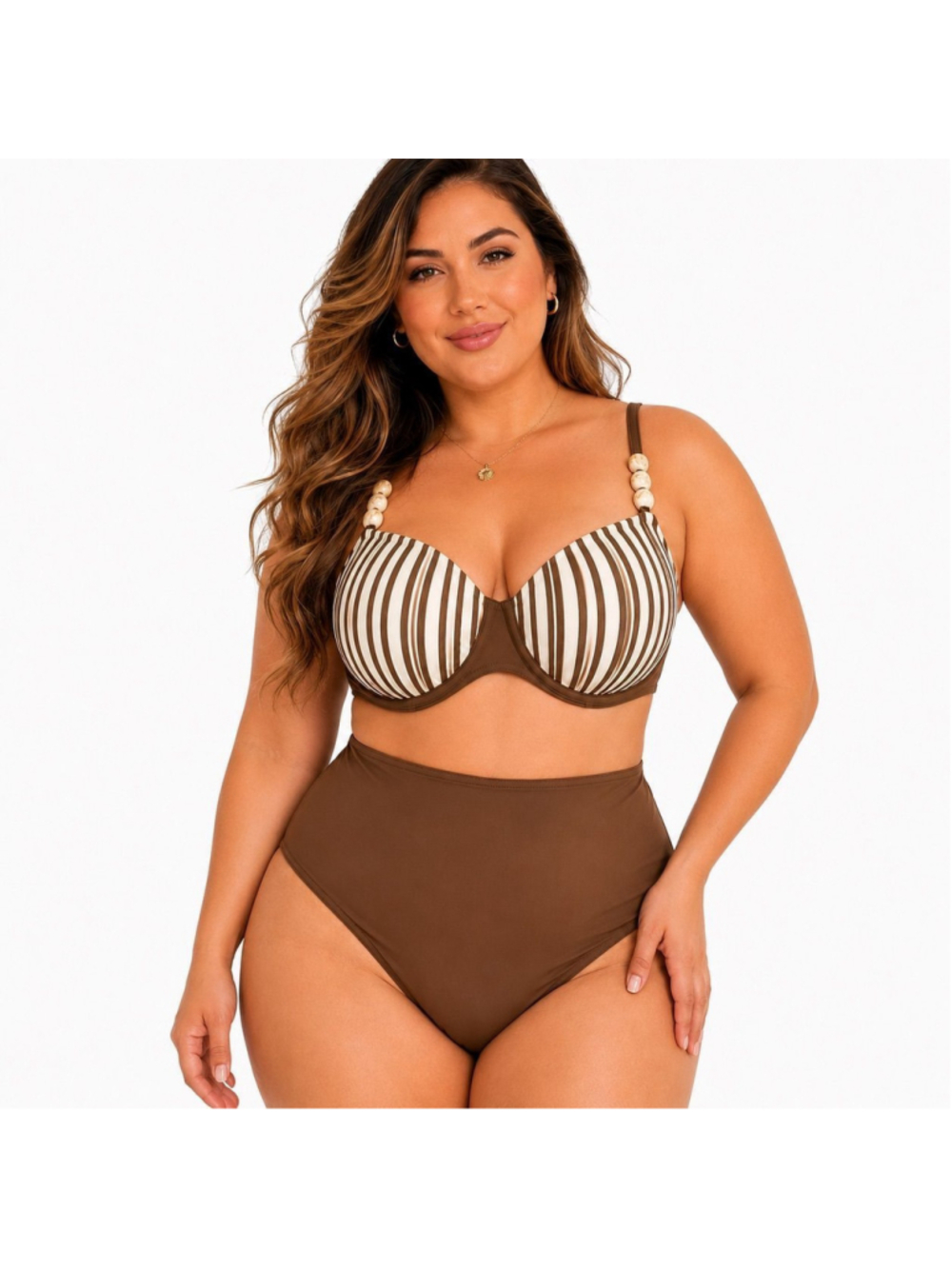 Brown & Ivory Striped Underwire High-Waisted Bikini Set w/ Beaded embellishment